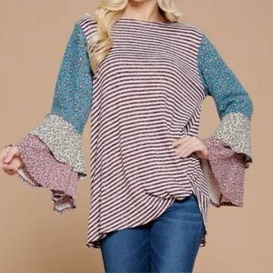 Emerald Striped Top with Patterned Sleeves